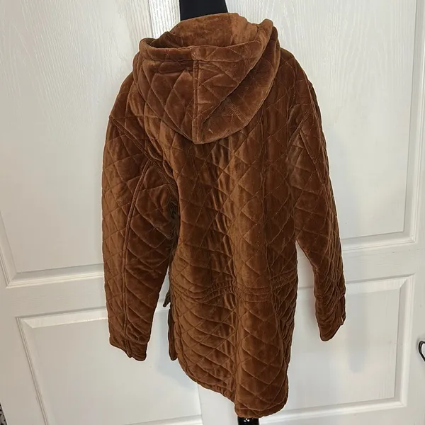 VINTAGE Brown CORDUROY Quilted Women's ZIP UP HOODED WARM Jacket - Image 4