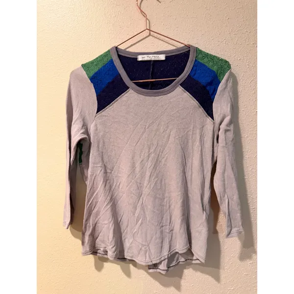 We The Free Women Top M Grey Blue Green Crochet Lace 3/4 Sleeve Boho Raglan - Image 4