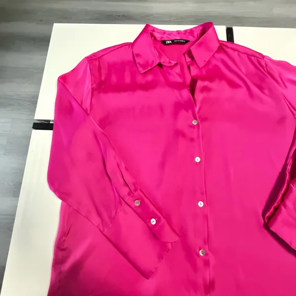 Zara Hot Pink Satin Button-Down Blouse Wide Cuffs Size Medium🎀 - Image 11