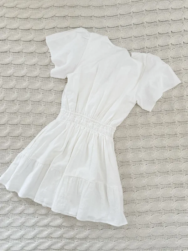 Abercrombie & Fitch White V-Neck Linen Smocked Waist Tiered Mini Dress - Image 3