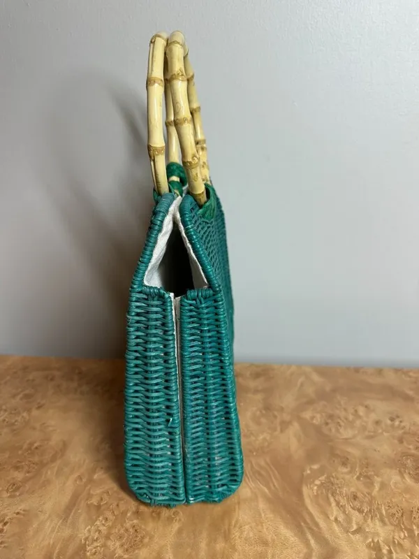 Zara Turquoise Woven Straw Tote Bamboo Ring Handles Beach Resort Handbag Boho - Image 5