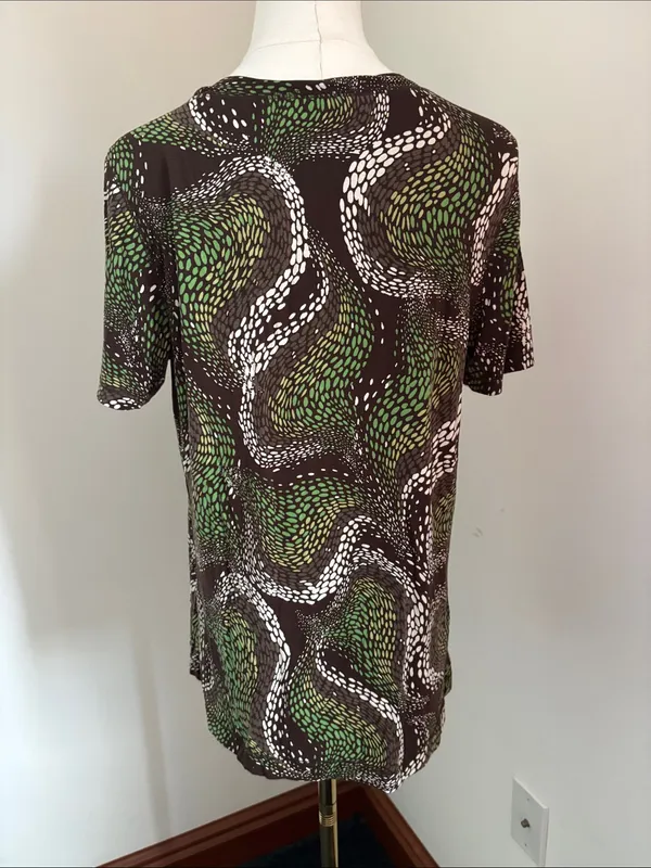 LOFT Brown, Green and White Abstract Swirl Short Sleeve Blouse - Image 4