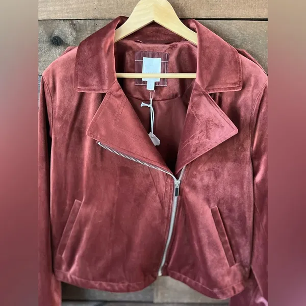 LC Lauren Conrad Velvet Moto Jacket Zip Front in Rose – Size L - Image 8