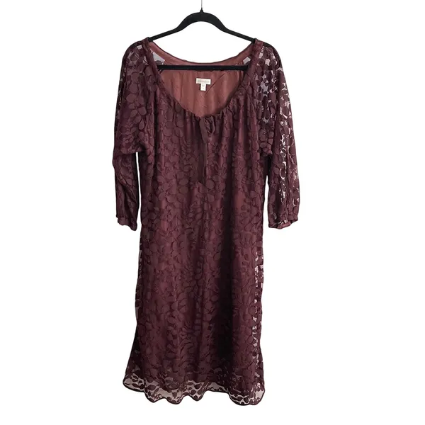 Garnet Hill Lace Dress Women 14 Burgundy Floral Leaf Scoop Neck 3/4 Sleeve Shift - Image 3