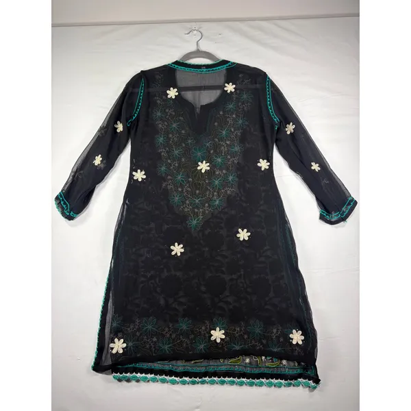 Boho‎ Floral Hand Embroidered Kurta Tunic Top Black Turquoise Scallop Trim M/L - Image 8