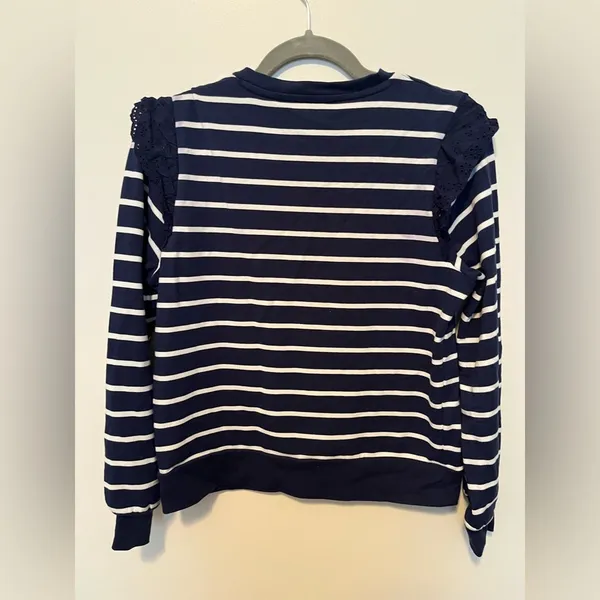 J Crew Navy and White Striped Long Sleeve Tee with Ruffle - Image 3