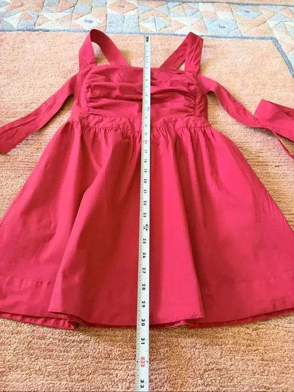 Free People Red Cotton Mini Dress Open Back Tie Straps Pockets NWT Size S - Image 3