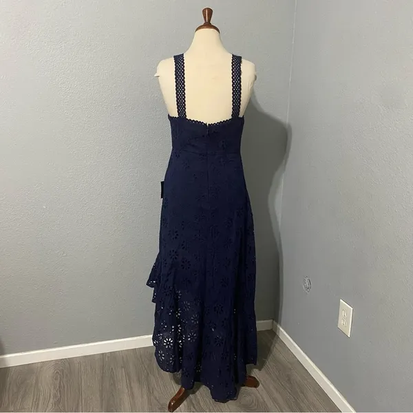 Lulus Navy Blue Holiday Sleeveless Trimmed Embroidered‎ Asymmetric Dress Sz M - Image 11