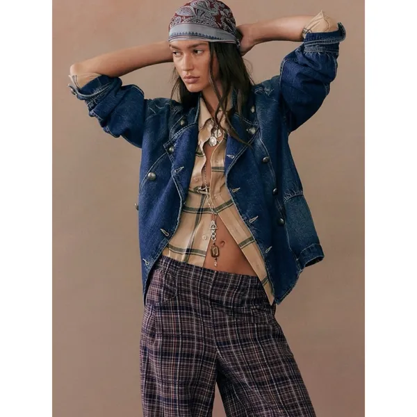 Free People Imogene Denim Officer Jacket in Ensign Wash Large Military Denim - Image 3