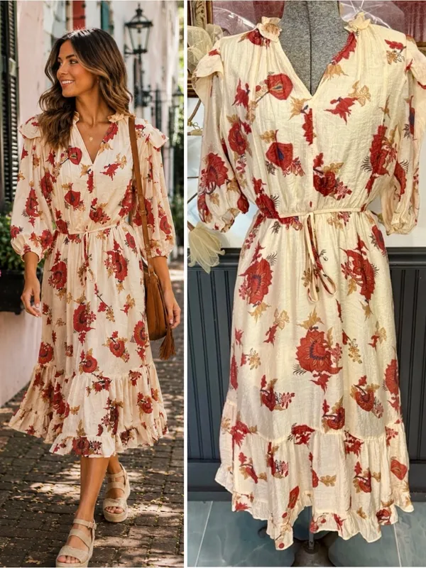 Fate Floral Ruffle Shoulder Puff Sleeve Tiered Midi Dress Size M 🧡🍄 - Image 2