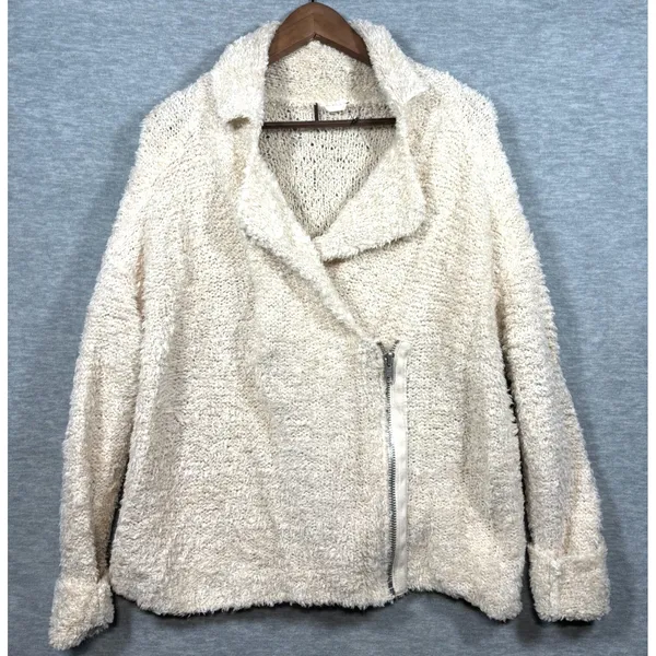 Free People Womens S Sweater Wool Blend Cream Fuzzy Jacket Asymmetrical Zip‎ - Image 3
