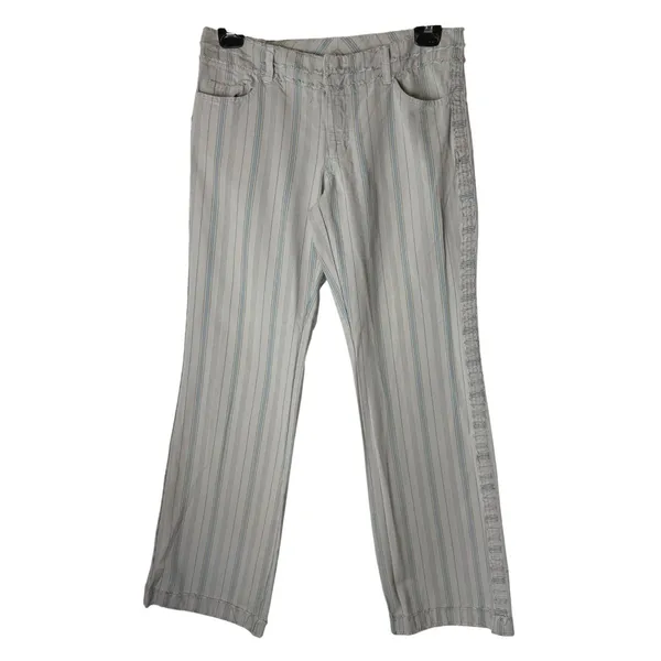 American‎ Eagle Striped Pants Women 10 Gray Blue Frayed Raw Edge Flare Retro - Image 2