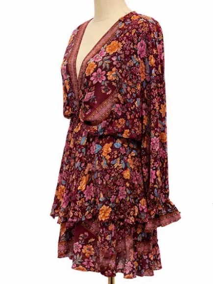 Umgee Floral Boho Mini Dress Size L Burgundy Pink Long Sleeve Ruffle Hem - Image 2