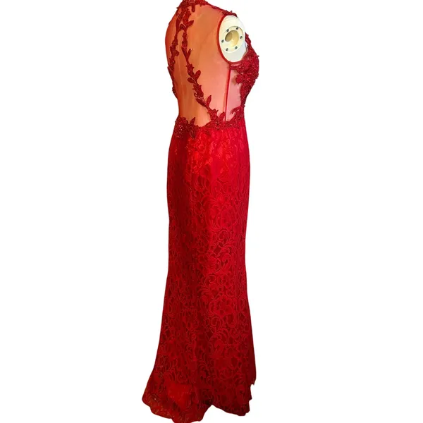 Swing Red Floral Lace Illusion Prom Gown Size 6 - Image 15