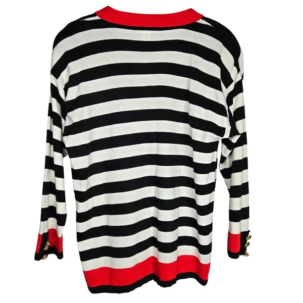 Norton McNaughton Petites‎ Black White Red Striped Button Front Cardigan Sweater - Image 2