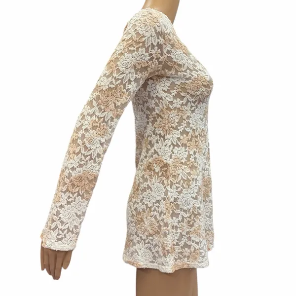 T Party Floral Lace Sheer Long Sleeve Tunic Top Womens Small - Image 3
