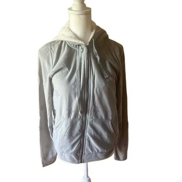 Bobeau Grey Star Embroidered Sherpa Lined Zip Up Hoodie NWT Medium - Image 3