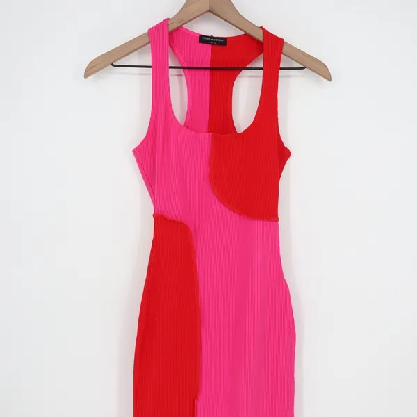 Naked Wardrobe Pink Red Colorblock Ribbed Midi Dress XS Racerback - Image 3