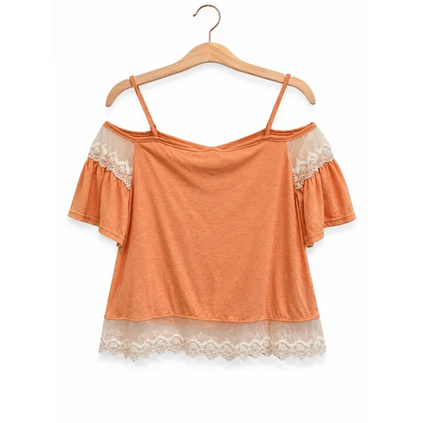 LA Hearts Womens Peach‎ Cold Shoulder Lace Trim Boho Top XS - Image 2