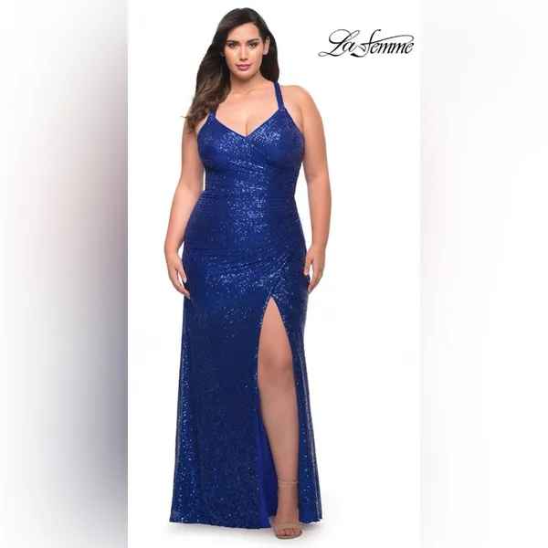 LA FEMME Curve Blue Sequin Formal Thigh‎ Slit Open Back Dress Sz 16 Homecoming - Image 3