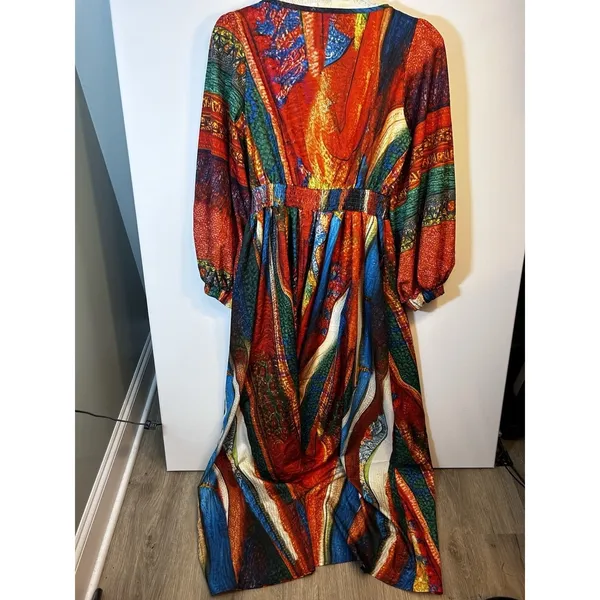 Women’s L Multicolor Abstract V-Neck Smocked Waist 3/4 Balloon Sleeve Maxi - Image 8