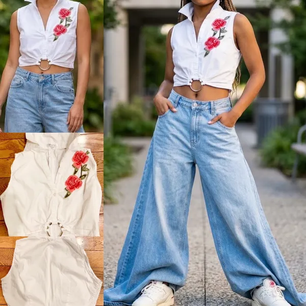 Y2K Does 70s Mocha Apparel Embroidered Floral Crop Top size M - Image 2