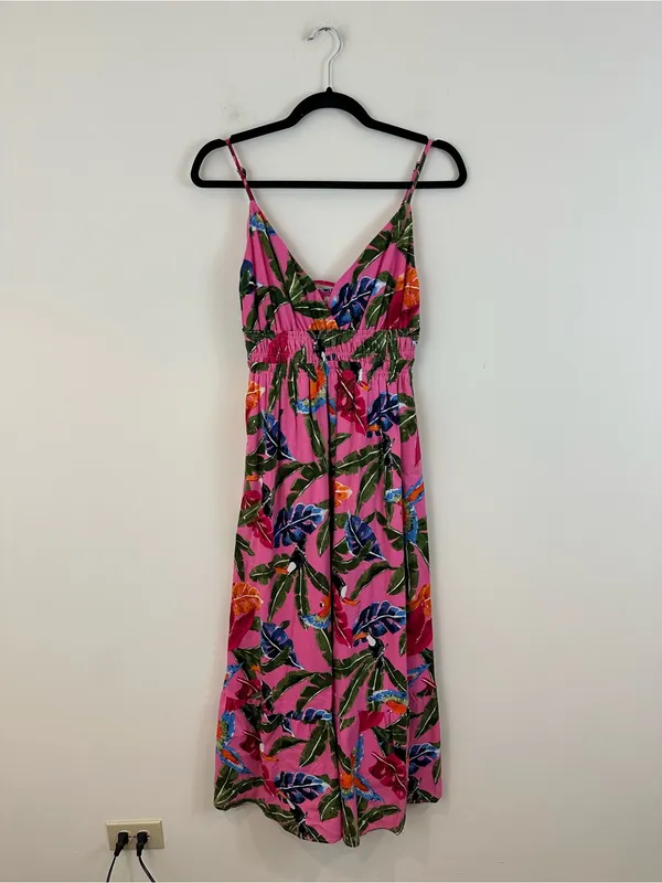 By the River Pink Tropical Print Spaghetti Strap Maxi Dress V-Neck Size Medium - Image 2