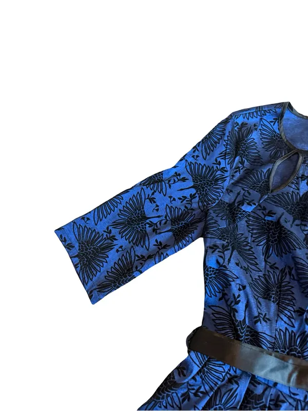 Voodoo Vixen Blue Black Bird Print Belted Fit Flare Midi Dress Medium Women's - Image 3