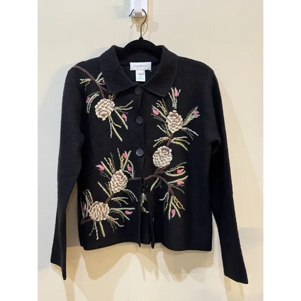 Susan Bristol Women Embroidered Cardigan Sweater Size Medium 100% Wool‎ 90's Y2K - Image 2