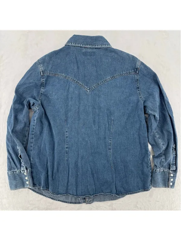 Vintage 90s Denim Western Shirt Pearl Snaps Route 66 Cowgirl Rodeo Country Large - Image 3