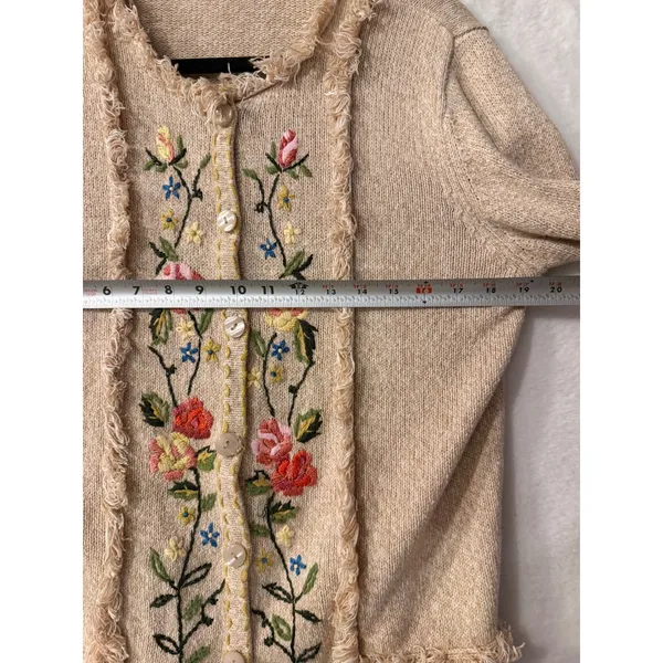 Haband Floral Embroidered Fringed Cardigan Sweater Beige Tan Large Vintage Style - Image 6