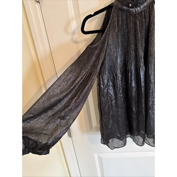 Lauren Ralph Lauren Black Metallic Cold Shoulder Blouse Accordion‎ Plissé Small - Image 2
