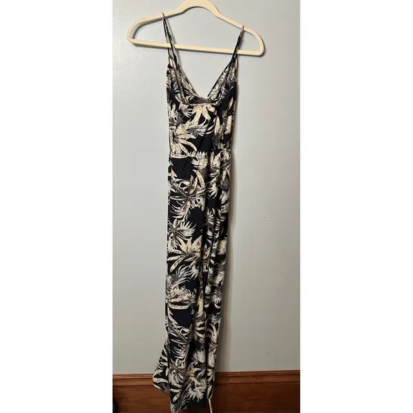 Blu Pepper Women Black Ivory Tropical Palm Leaf Print Wrap V-Neck Maxi Dress S - Image 2