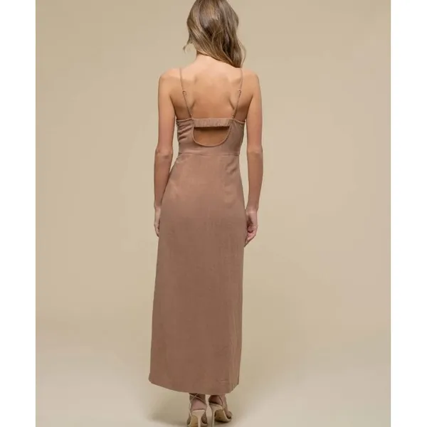 The Workshop Maxi Dress Almond Brown Linen Blend Open Back Minimalist Neutral L - Image 2
