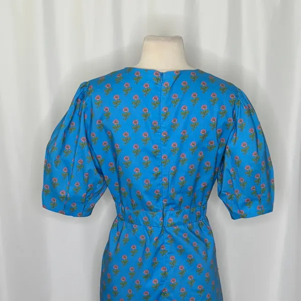 AUREUM Ruched Sash Blue Floral Mini Dress Puff Sleeves Ruching Ruffle Small - Image 9