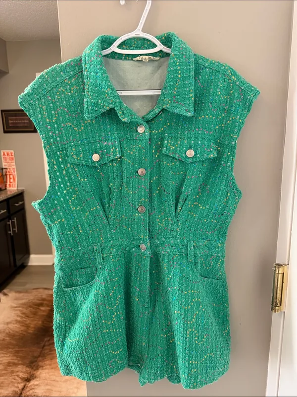 Peach Love California Green Tweed Sequin Utility Romper Size Medium Tournament - Image 2