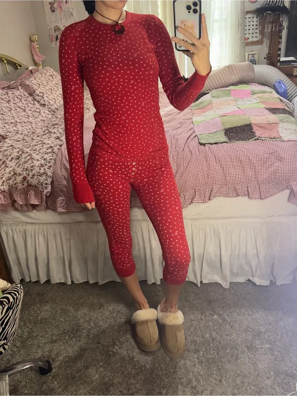 Y2K Victorias Secret Pink Red Heart-Print Long Sleeve Thermal Pajama Set - Image 2
