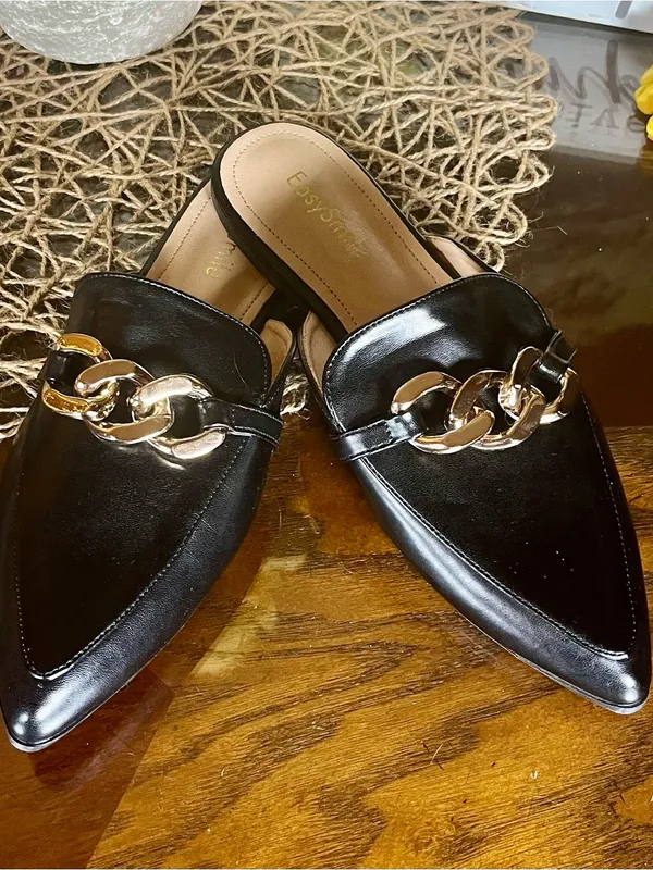 EasySmile Black Pointed Toe Mule Loafers Gold Chain Women’s Size 8 - Image 3