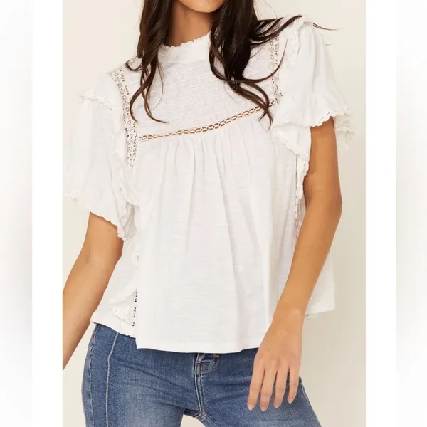 Free People Le Femme Tee White Lace Pleated Cotton Boho Blouse Size XS - Image 4