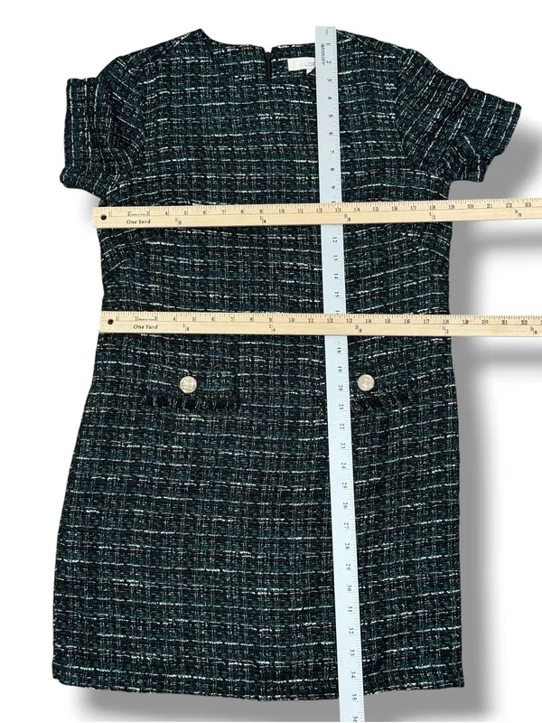 Loft Tweed Front Pocket Shift Dress Black Teal Size 4 Preppy Office Retro Boucle - Image 13