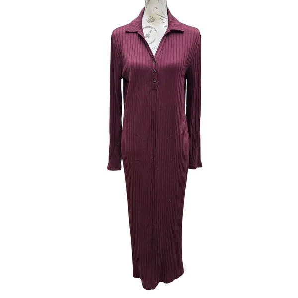 Banana Republic Wide-Ribbed Knit Midi Dress Vino Rosso Burgundy Long‎ Sleeve L - Image 2