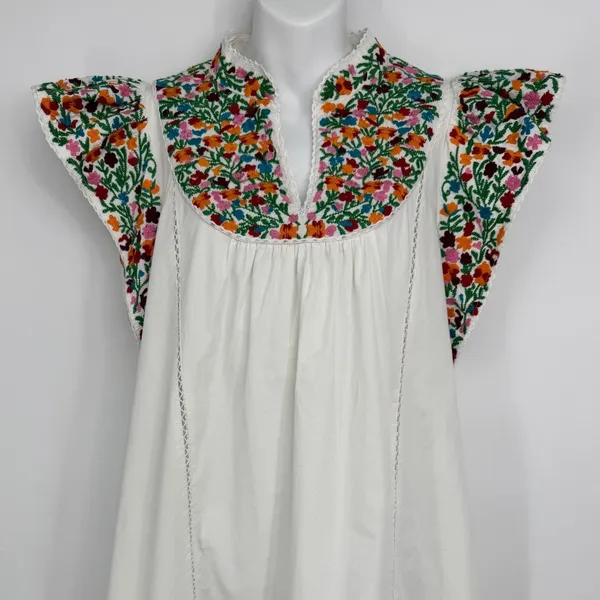 Love The Label Mini Dress Medium White Floral Embroidered Flutter Sleeve‎ Boho - Image 2
