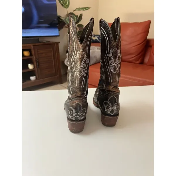 Pecos Bill Leather Cowgirl/cowboy Boots Sz 6 Women’s Distressed Drk‎ Brown White - Image 6