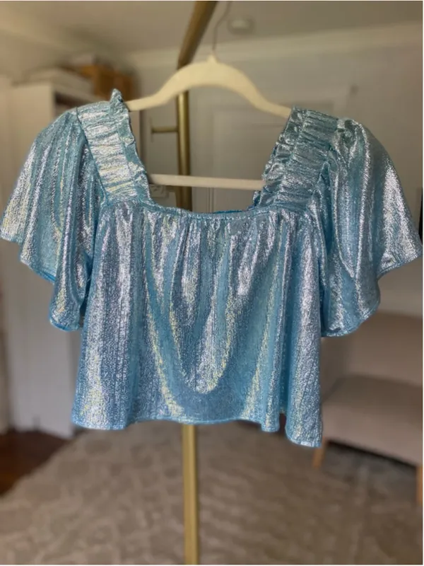 Queen of Sparkles Metallic Crop Top Blue Puff Sleeve XS Festival Party Glam Boho - Image 2