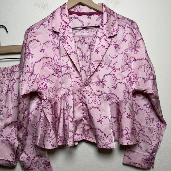 Free People Women PJ Set M Pink Beauty Sleep‎ Blushing Combo Bow Floral Peplum - Image 3
