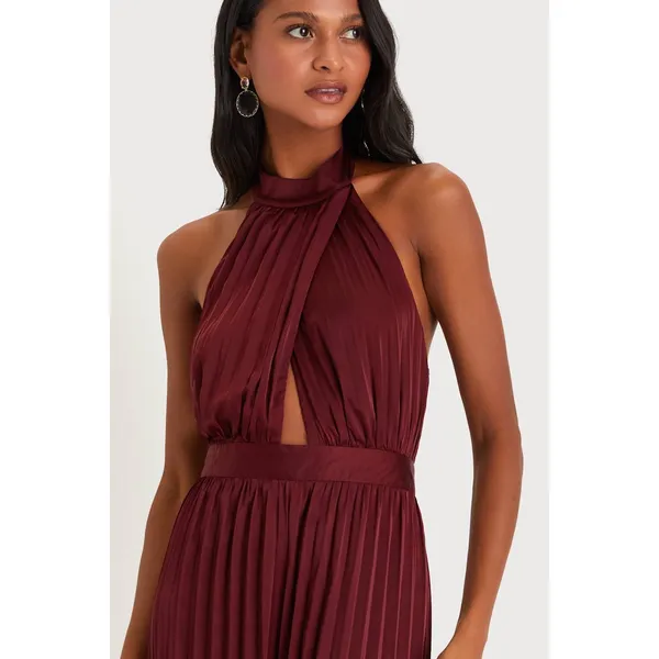 Lulus Confident Impression Burgundy Satin Pleated Halter Jumpsuit Small NWT - Image 4