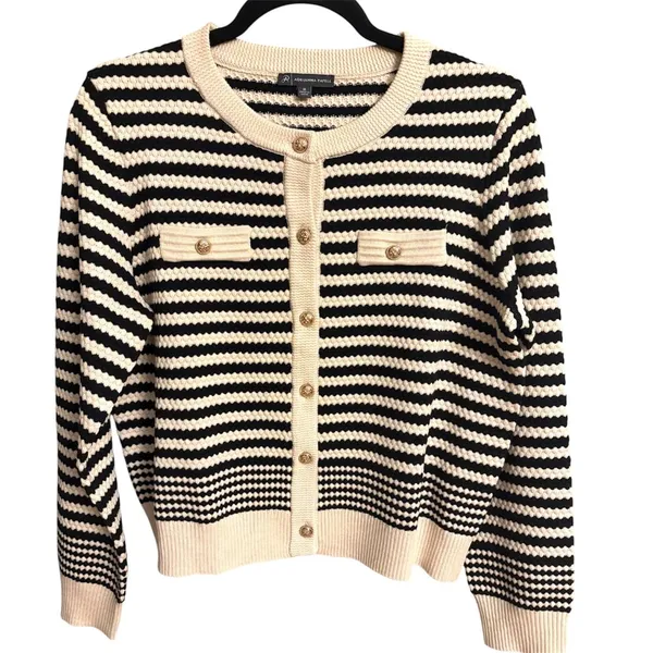 Adrianna Papell Wool blend cream black striped pointelle cardigan Size M - Image 2