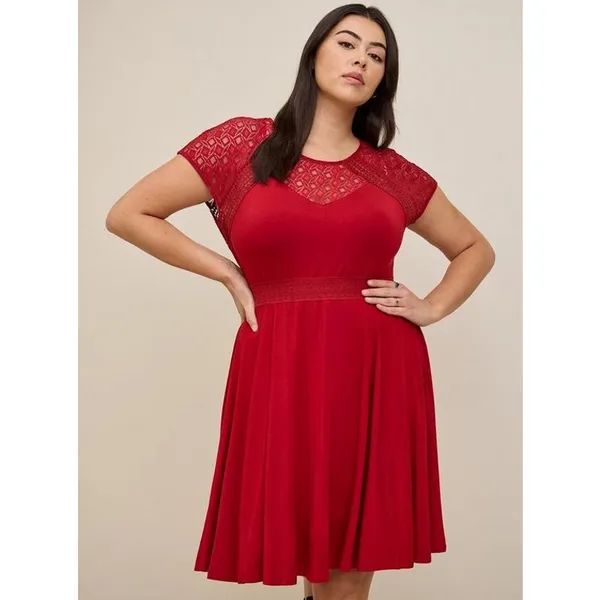 Torrid Womens Dress Sz 0‎ L 12 Red Mini Super Soft Lace Inset Skater NEW - Image 3