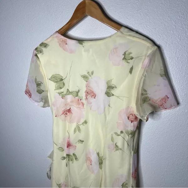 Vintage 90s Y2K JBS Ltd Butter Yellow Floral Sheer Overlay Surplice Midi Dress - Image 4