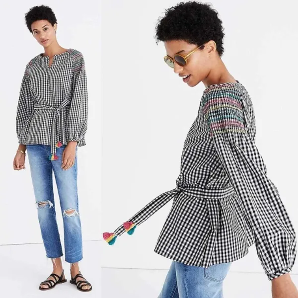 Madewell Boho Black‎ and White Checkered Top with Tie Waist L - Image 2